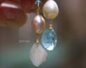 Solid Gold 14K Mismatched Pearl and Aquamarine Earrings, One of a Kind