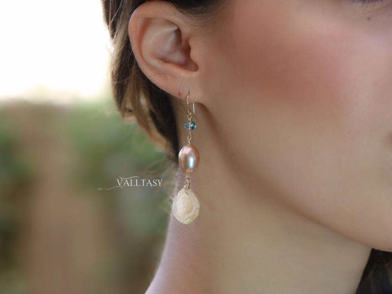 Solid Gold 14K Mismatched Pearl and Aquamarine Earrings, One of a Kind