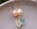 Solid Gold 14K Mismatched Pearl and Aquamarine Earrings, One of a Kind