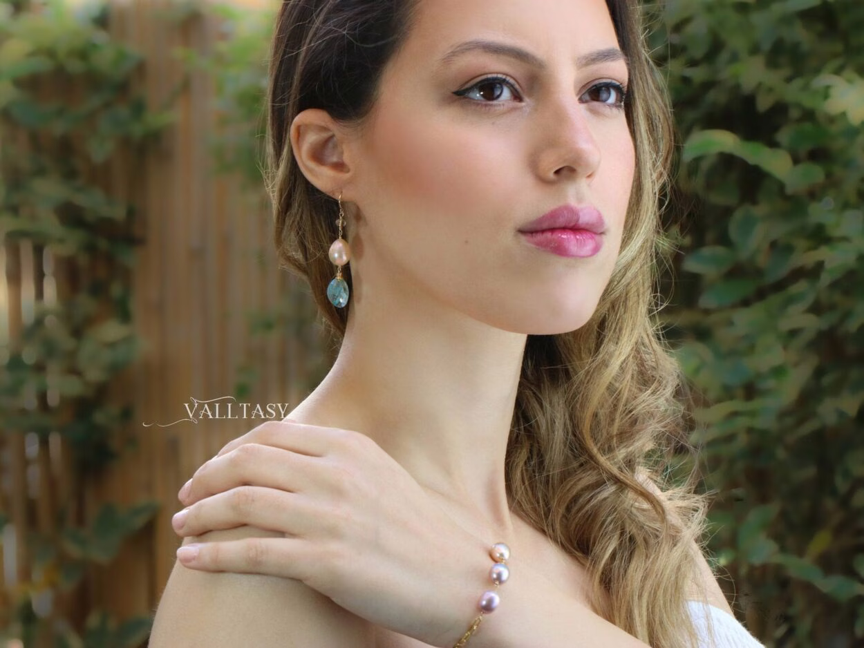 Solid Gold 14K Mismatched Pearl and Aquamarine Earrings, One of a Kind
