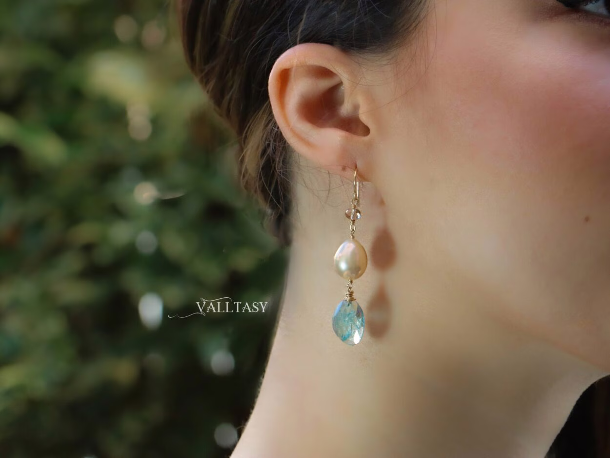 Solid Gold 14K Mismatched Pearl and Aquamarine Earrings, One of a Kind