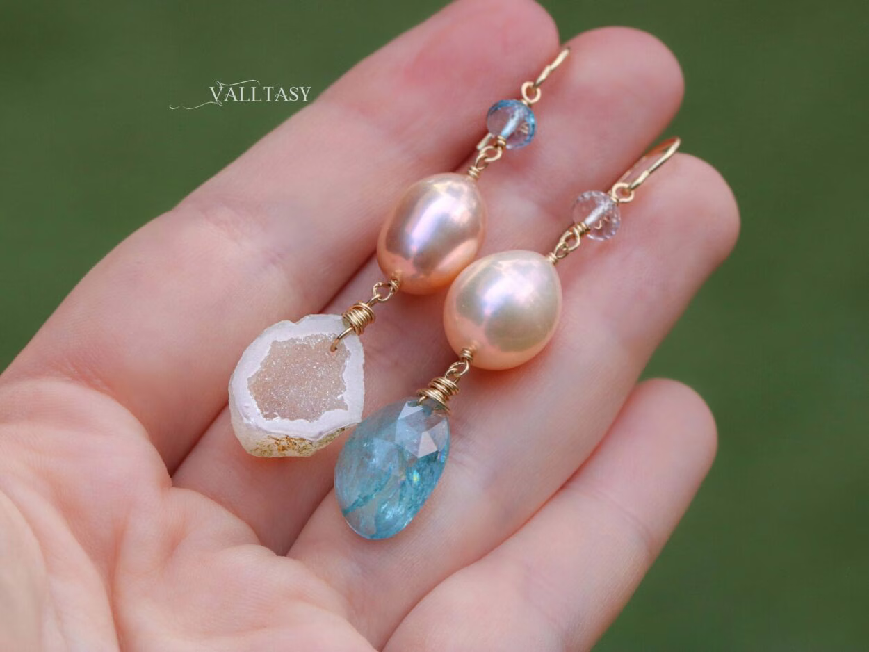 Solid Gold 14K Mismatched Pearl and Aquamarine Earrings, One of a Kind