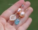 Solid Gold 14K Mismatched Pearl and Aquamarine Earrings, One of a Kind