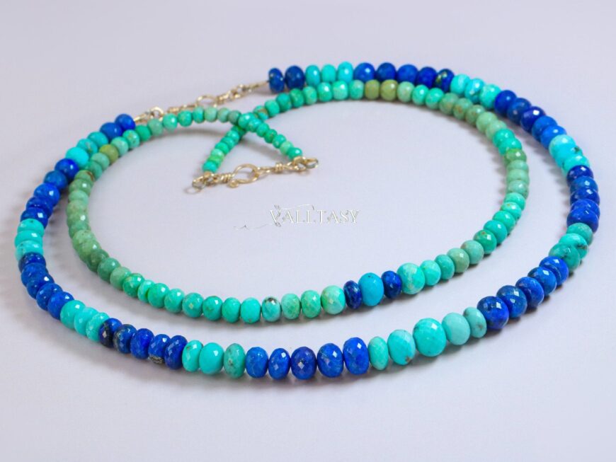 Solid Gold 14K Turquoise and Lapis Lazuli Gemstone Necklace, One of a Kind