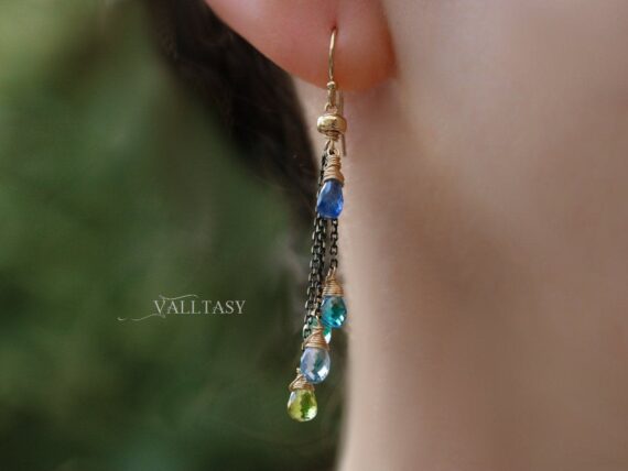 Tassel Earrings with Multi Gemstone Precious Stones, Mixed Metal Earrings