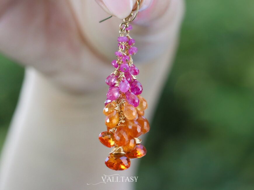 Solid Gold 14K Pink Sapphire and Spessartite Garnet Earrings, Pink Orange Cluster Gemstone Earrings