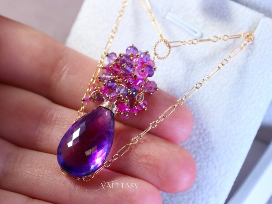 Electric Purple Amethyst Pendant Necklace with Pink Sapphires and Pink Rubies