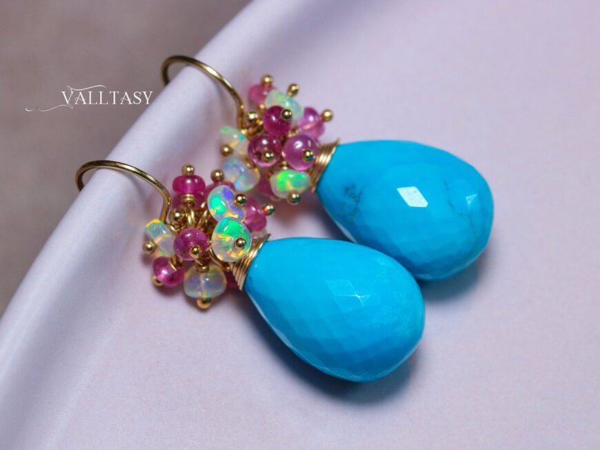 Turquoise with Ethiopian Opal and Pink Spinel Earrings, Small Gemstone Cluster Earrings