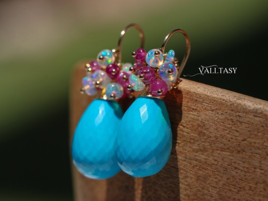 Turquoise with Ethiopian Opal and Pink Spinel Earrings, Small Gemstone Cluster Earrings