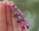 Solid Gold 14K Pink Sapphire, Pink Tourmaline and Rhodolite Garnet Tassel Earrings, Mixed Metal Earrings