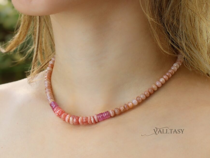 Solid Gold 14K Pink Sapphire and Rhodochrosite Gemstone Necklace, One of a Kind