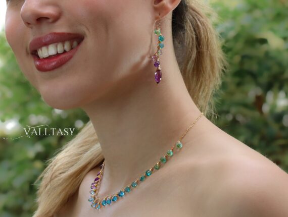 Solid Gold 14K Aqua Blue Purple Gemstone Dangle Earrings with Amethyst and Topaz