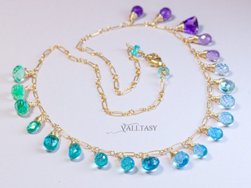 Aqua Blue Purple Gemstone Drop Necklace, Statement Semi Precious Stone Necklace