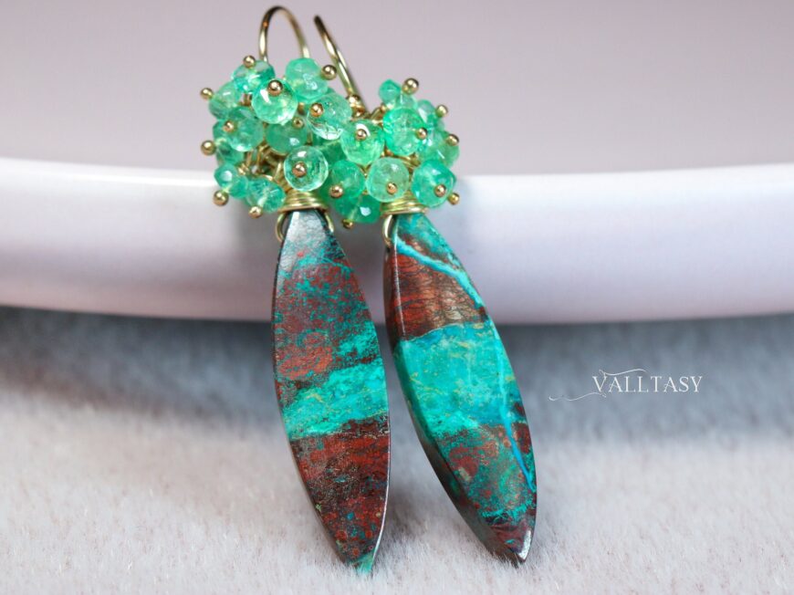 Colombian Emeralds and Sonora Sunrise Earrings in 14K Gold Filled, One of a Kind