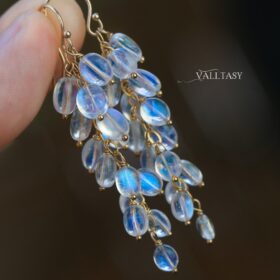 The Diamond Frost Earrings – Rainbow Moonstone Dangle Cluster Earrings, Finest Quality Moonstone Earrings