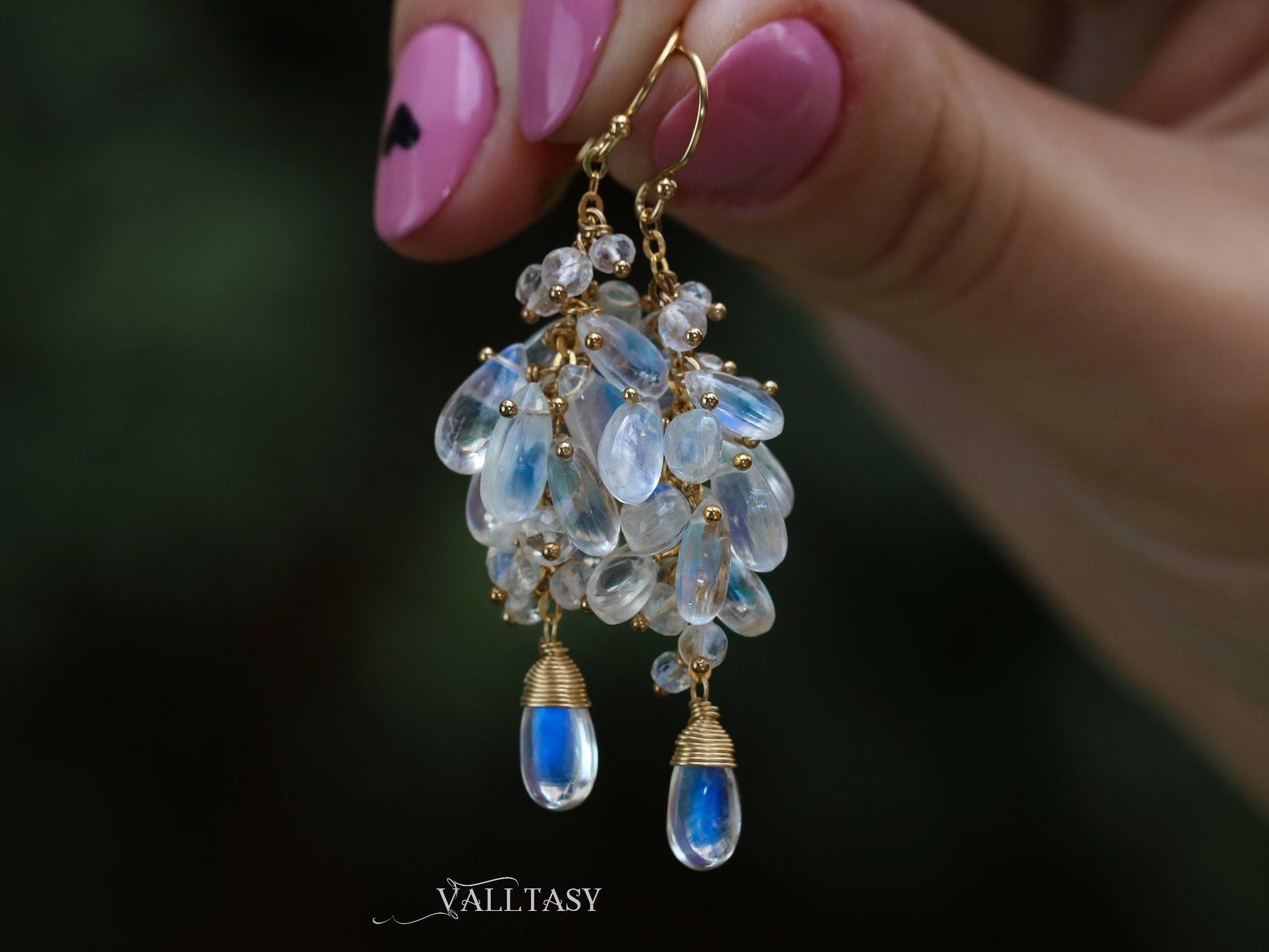 - Solid Gold 14K Rainbow Moonstone Earrings, Luxury Cascade Earrings