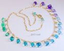 Solid Gold 14K Aqua Blue Purple Gemstone Drop Necklace, Statement Semi Precious Stone Necklace