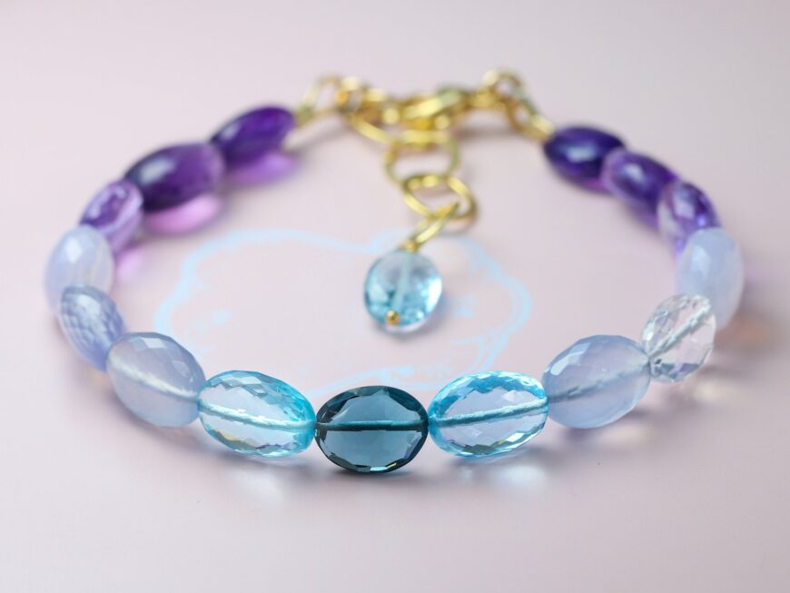 Solid Gold 14K Lavender Blue Purple Gemstone Bracelet, Semi Precious Stone Bracelet, One of a Kind