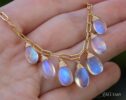 Solid Gold 14K Rainbow Moonstone Necklace, Paperclip Chain, Dainty Necklace