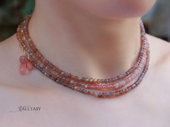 Peach Moonstone and Rhodochrosite Multi Layered Bracelet, Double Layered Necklace, Long Necklace, 3 in 1, One of a Kind