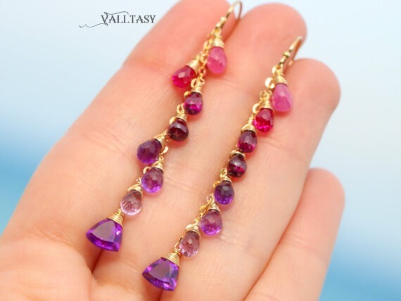 Pink Purple Gemstone Earrings Cascade, Colorful Long Multi Gemstone Earrings