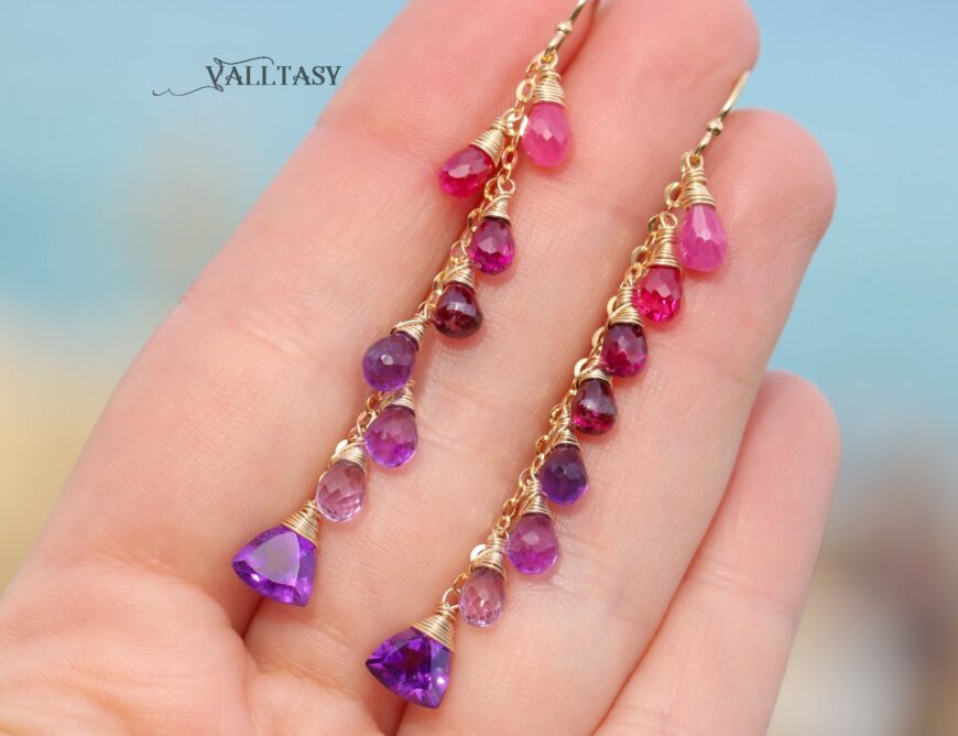 Solid Gold 14K Pink Purple Gemstone Earrings Cascade, Colorful Long Multi Gemstone Earrings