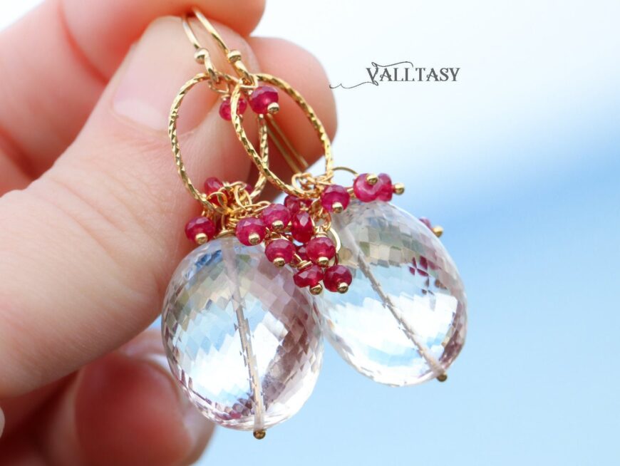Rock Crystal Quartz and Red Ruby Earrings, Gemstone Earrings in Gold Filled, One of a Kind