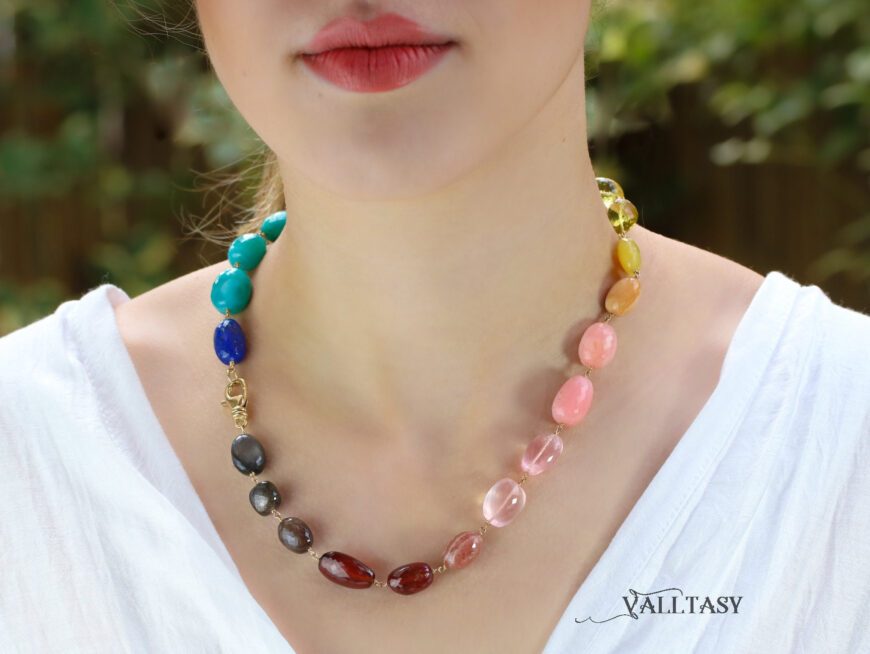 Solid Gold 14K Colorful Nugget Necklace, Gemmy Necklace, Statement Necklace with Large Gemstones, One of a Kind