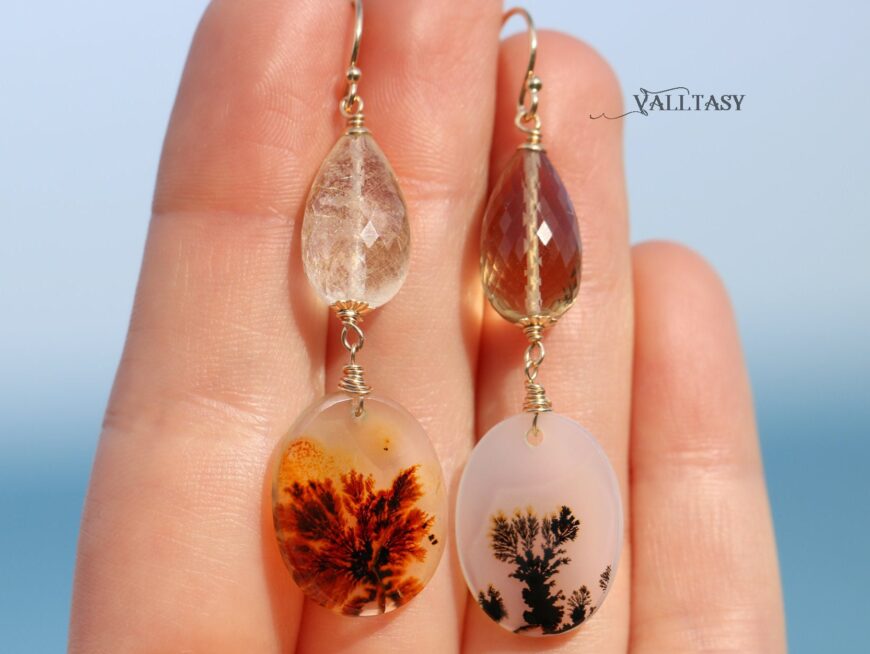 Solid Gold 14K Dendritic Agate and Golden Rutilated Quartz Earrings, One of a Kind