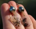 Solid Gold 14K Dendritic Agate and Tahitian Pearls Earrings, One of a Kind
