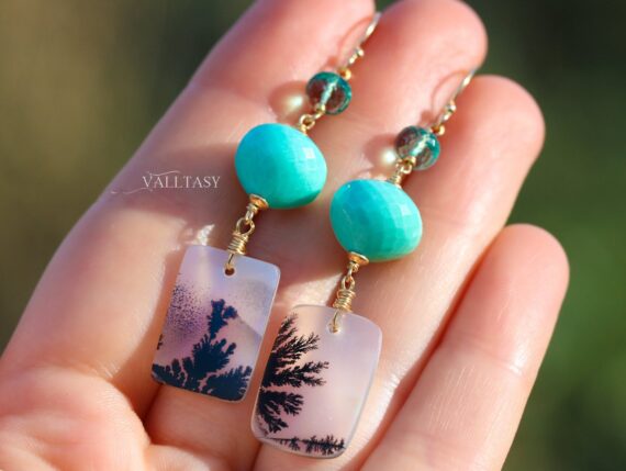 Solid Gold 14K Dendritic Agate and Turquoise Gemstone Earrings, One of a Kind