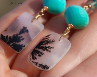 Solid Gold 14K Dendritic Agate and Turquoise Gemstone Earrings, One of a Kind