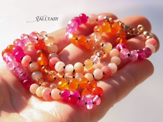 Silk Knotted Orange Pink Multi Gemstone Necklace in Gold Filled