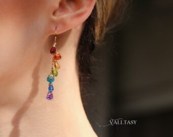 Solid Gold 14K Rainbow Multi Gemstone Drop Earrings, Linear Gemstone Earrings