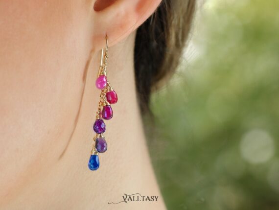 Solid Gold 14K Multi Gemstone Colorful Rainbow Earrings, Linear Drop Earrings