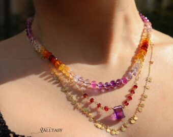 Solid Gold 14K Silk Knotted Mexican Fire Opal and Pink Sapphire Necklace, One of a Kind