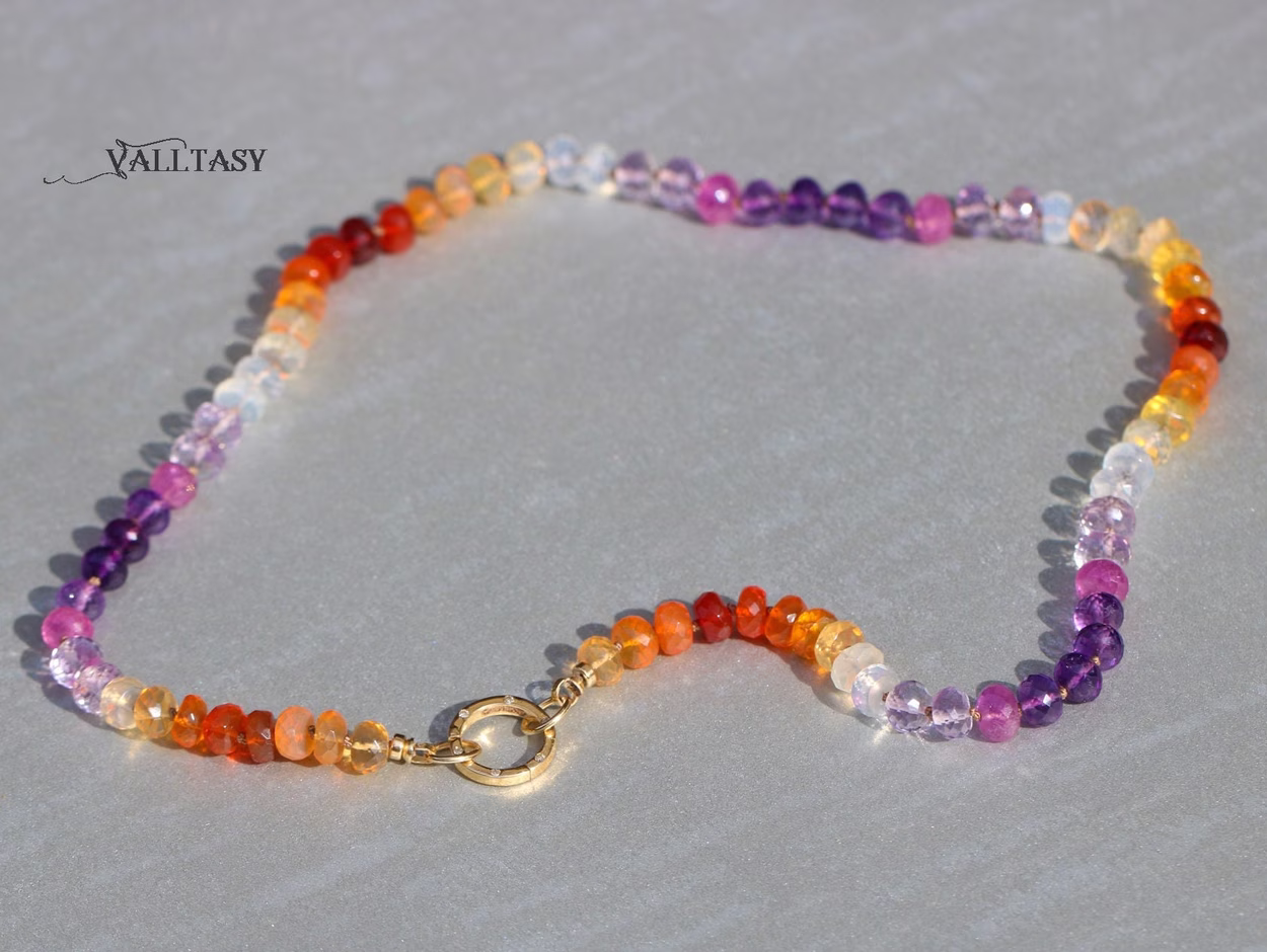 Solid Gold 14K Silk Knotted Mexican Fire Opal and Pink Sapphire Necklace with Diamonds