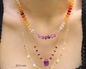 Solid Gold 14K Silk Knotted Mexican Fire Opal and Pink Sapphire Necklace with Diamonds