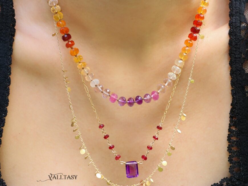 Solid Gold 14K Silk Knotted Mexican Fire Opal and Pink Sapphire Necklace with Diamonds