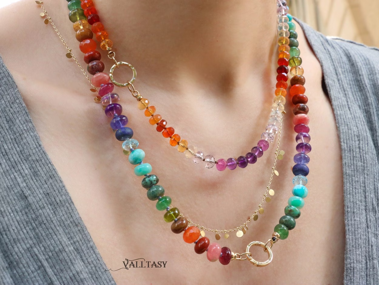 Solid Gold 14K Silk Knotted Mexican Fire Opal and Pink Sapphire Necklace with Diamonds