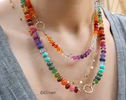 Solid Gold 14K Silk Knotted Mexican Fire Opal and Pink Sapphire Necklace with Diamonds