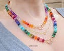 Solid Gold 14K Silk Knotted Mexican Fire Opal and Pink Sapphire Necklace with Diamonds
