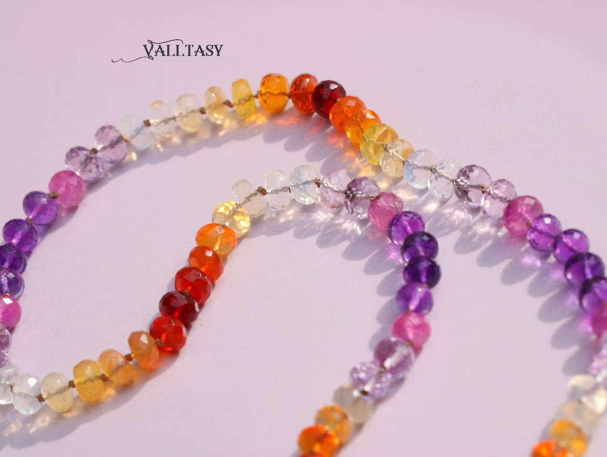 Solid Gold 14K Silk Knotted Mexican Fire Opal and Pink Sapphire Necklace with Diamonds