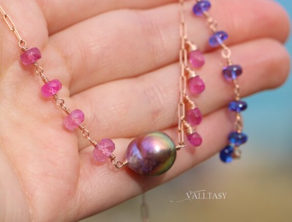 Rose Solid Gold 14K Edison Pearl Necklace with Pink Sapphires, Tanzanites and Ametrines, One of a Kind