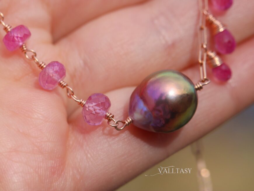 Rose Solid Gold 14K Edison Pearl Necklace with Pink Sapphires, Tanzanites and Ametrines, One of a Kind