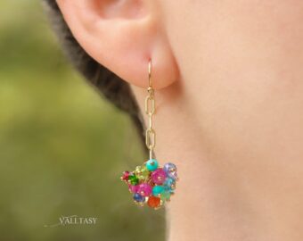 Semi Precious Gemstone Earrings, Colorful Gemstone Chain Earrings