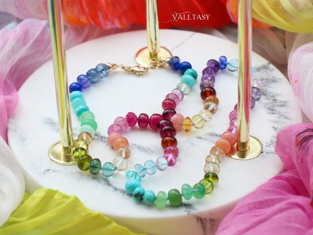 Solid Gold 14K Silk Knotted Rainbow Multi Gemstone Necklace - Valltasy