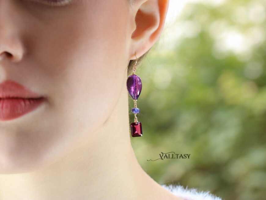 Solid Gold 14K Purple Amethyst and Raspberry Rhodolite Garnet Earrings, One of a Kind