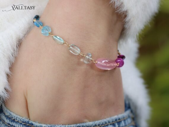 Solid Gold 14K Rose Quartz, Pink Sapphire and Blue Topaz Gemstone Wire Wrapped Bracelet, One of a Kind