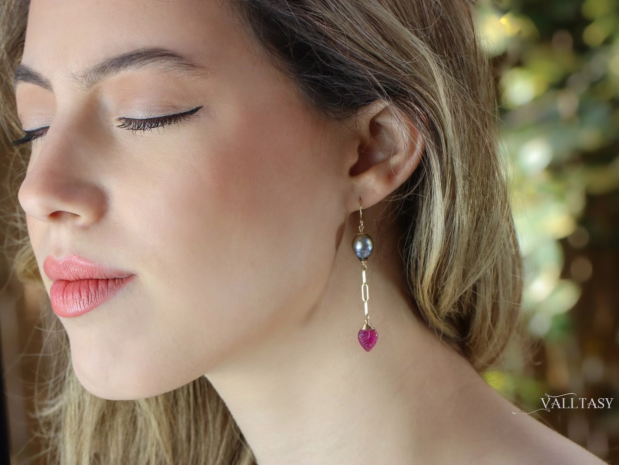 Solid Gold 14K Rubellite Pink Tourmaline and Tahitian Pearl Earrings, One of a Kind
